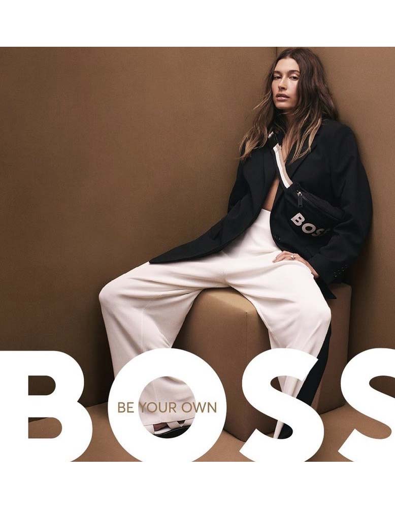 Hailey Bieber in a black blazer and white pants for BOSS be your own campaign | Ode2style.com