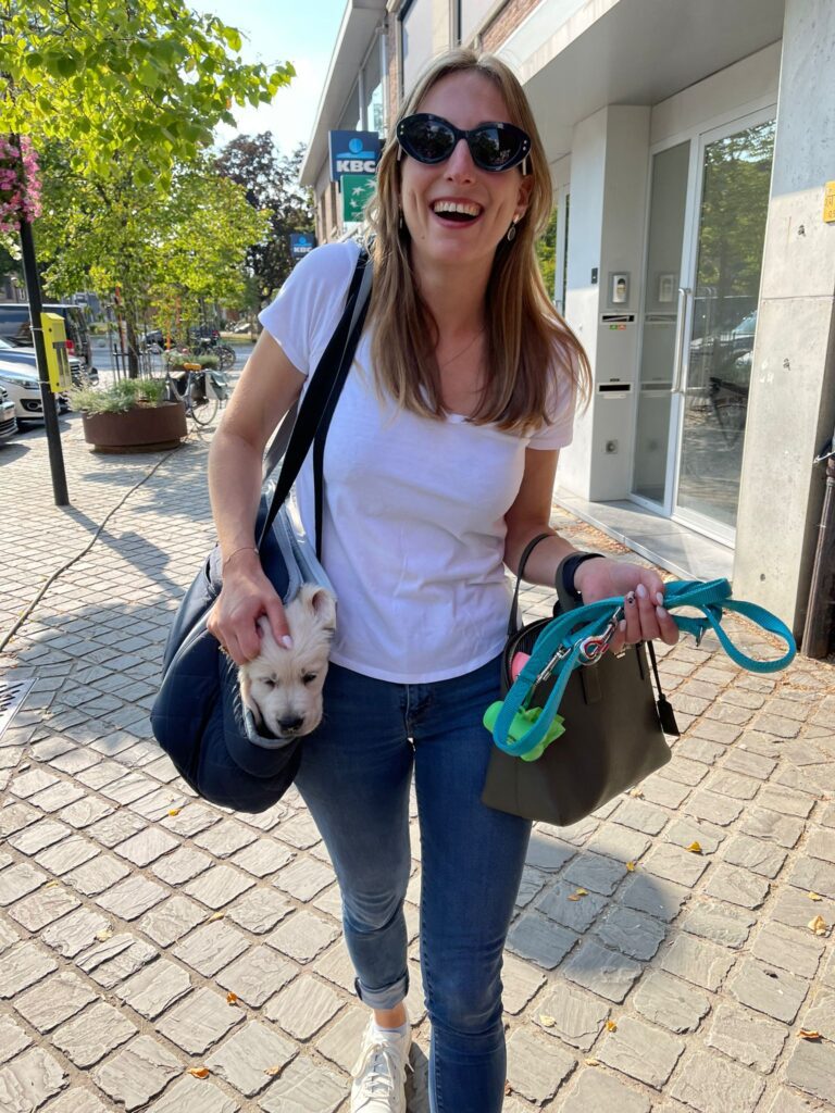 Astrid walking around with a tiny golden retriever puppy in a tote bag wearing Christian Dior glasses | Ode2style.com