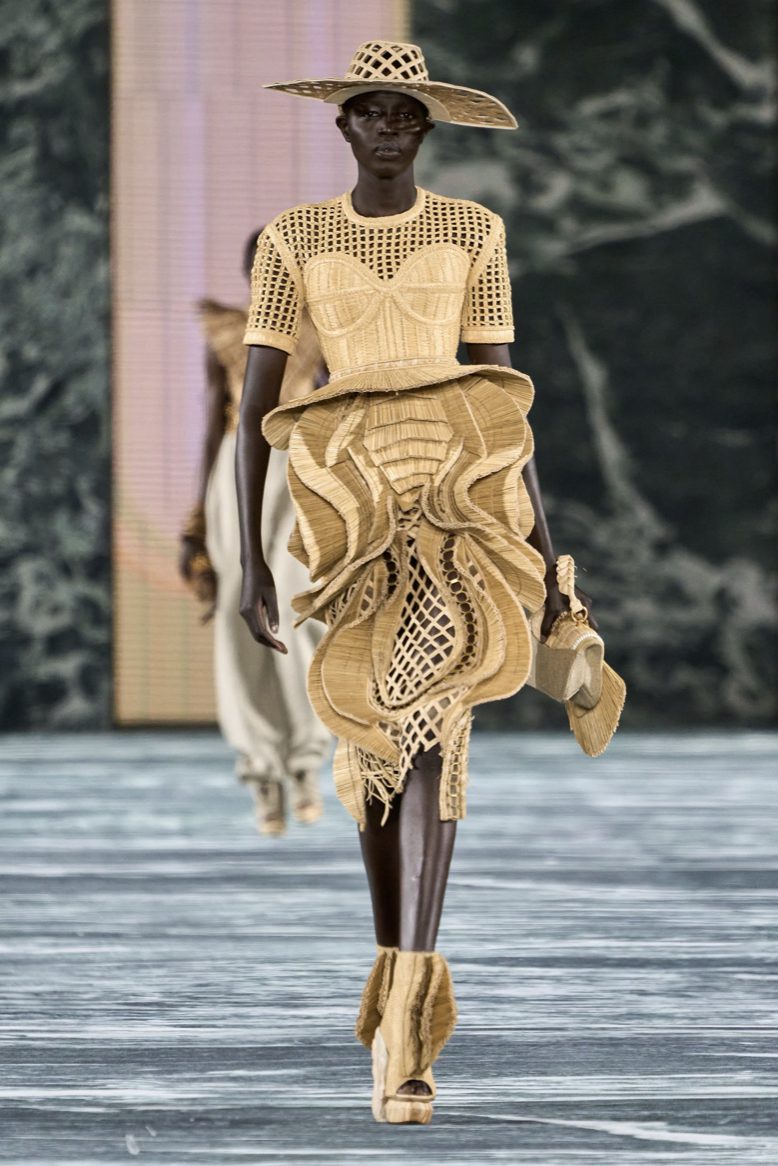 Rafia inspired women's look from the Balmain SS23 collection designed by Olivier Rousteing | Ode2style.com