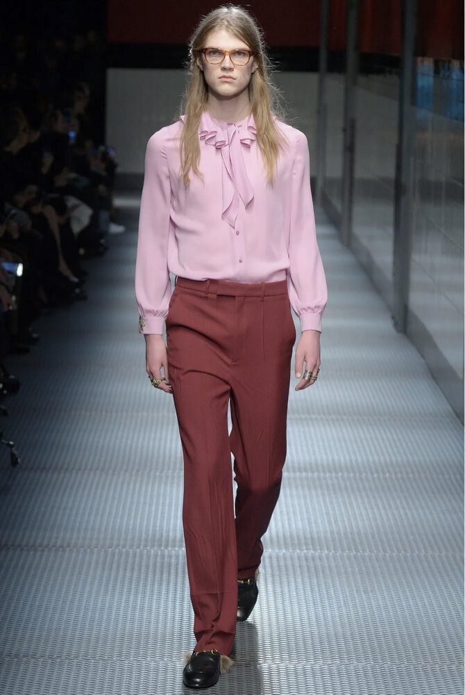 Male model in pussy-bow blouse at the Gucci 2015 AW menswear show designed b Alessandro Michele | Ode2style.com
