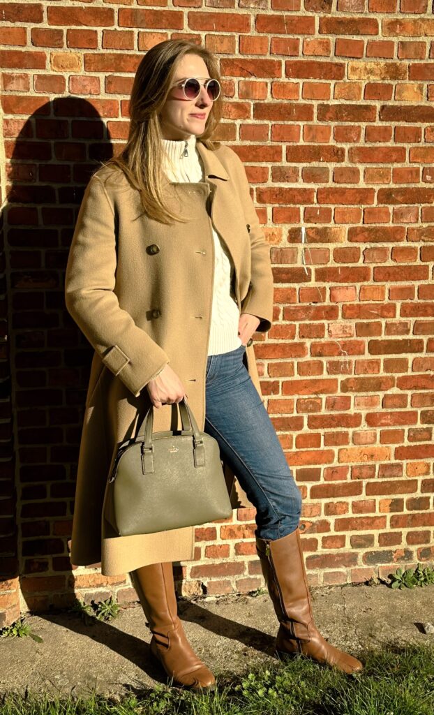 Astrid wearing the perfectly style winter camel outfit